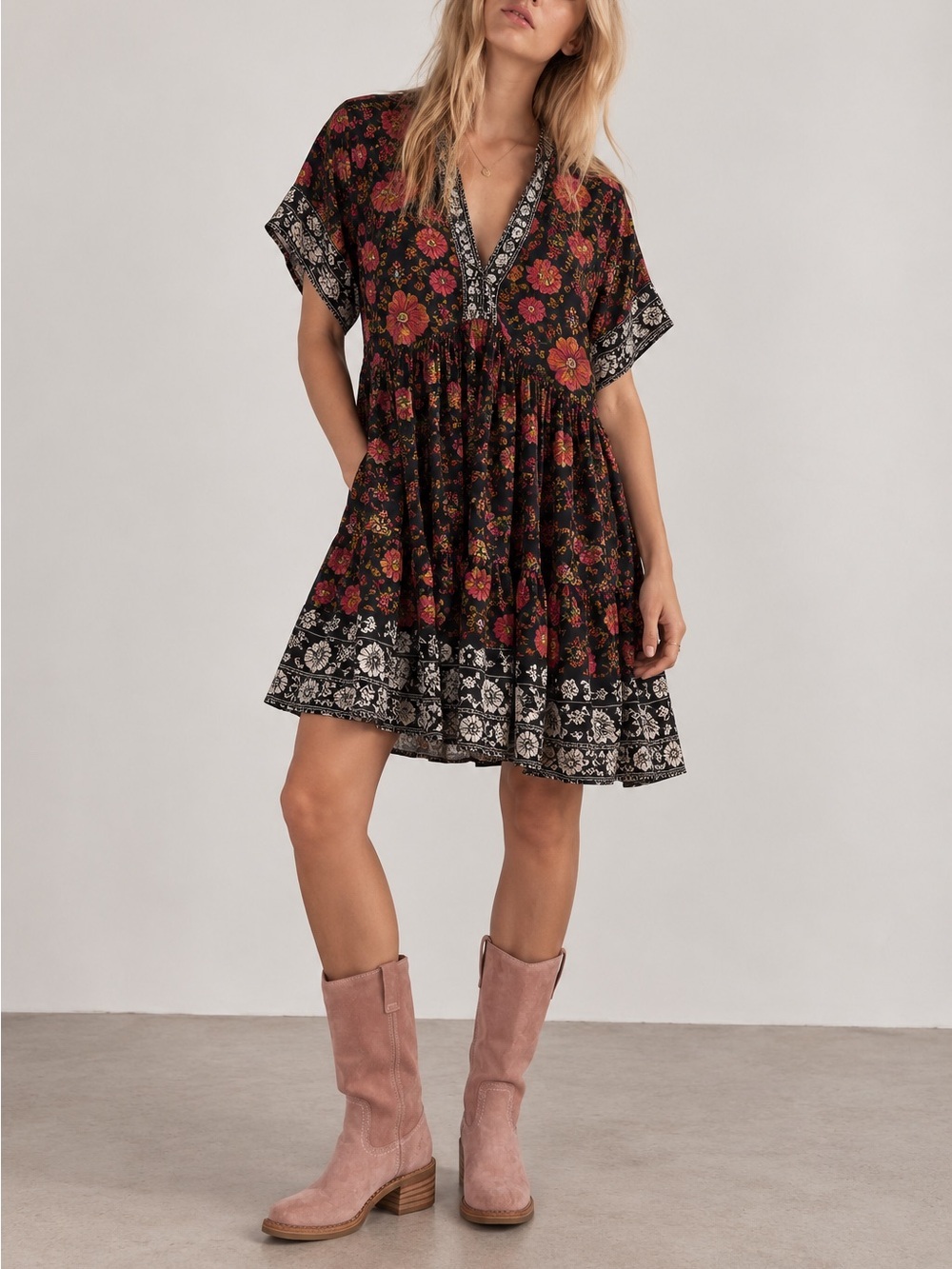 Free People NWT Floral Babydoll Mini Dress Black Pink Pockets XS